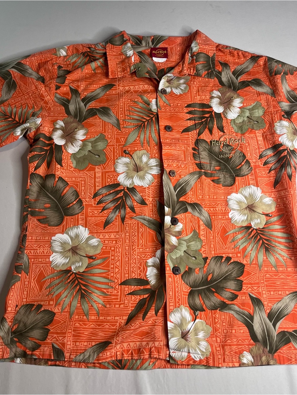 Hard Rock Cafe Honolulu Orange Tropical Floral Button-Up Shirt